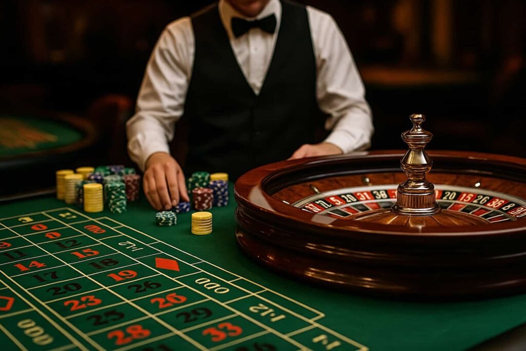 Roulettetafel met inzet en croupier in casinoomgeving