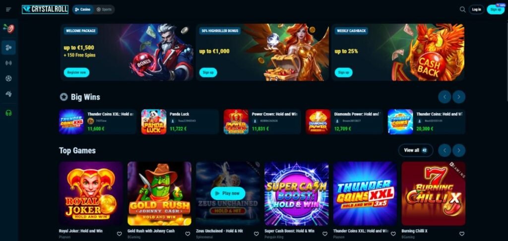 Crystal Roll Casino homepage met welkomstbonus, big wins en top games slots