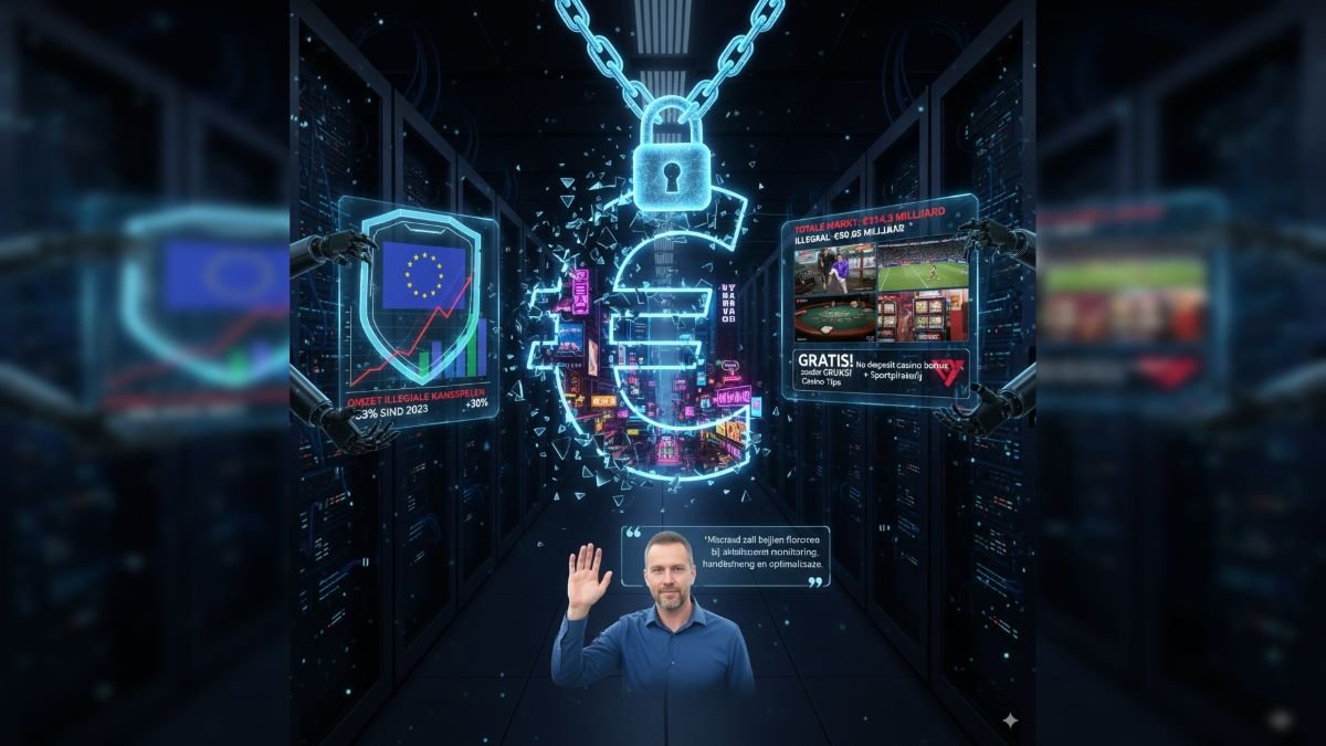Strijd tegen illegale online kansspelen in de EU met gebroken euroteken, stijgende illegale gokinkomsten, EU-toezicht, gratis bonussen, sportpiraterij en waarschuwing over misdaad.