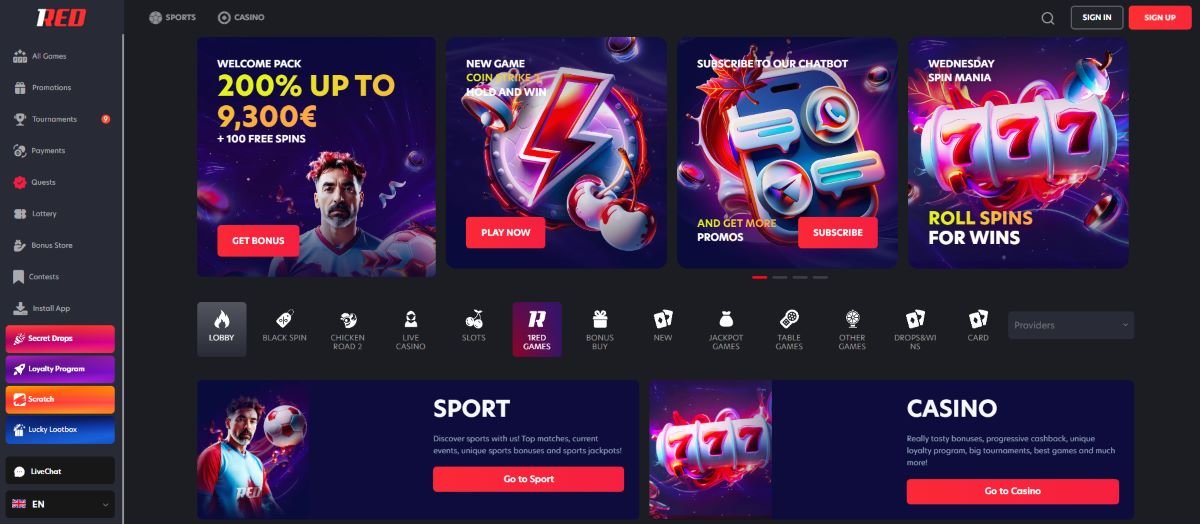 1Red Casino Homepage