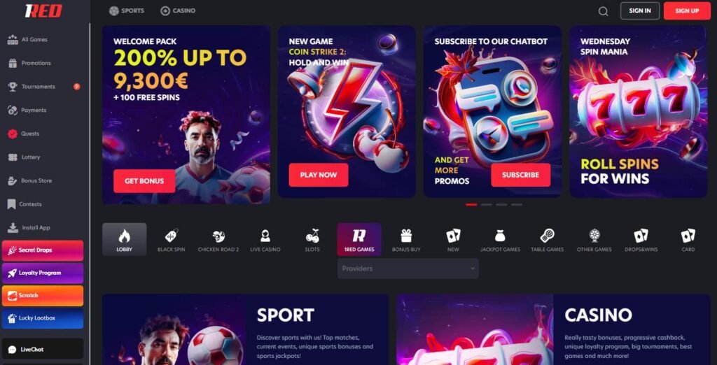 1Red Casino interface met welkomstbonus