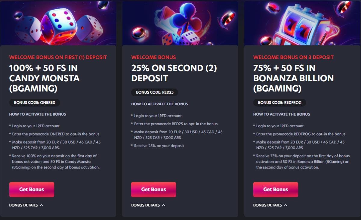 Welkomstbonussen bij 1Red Casino