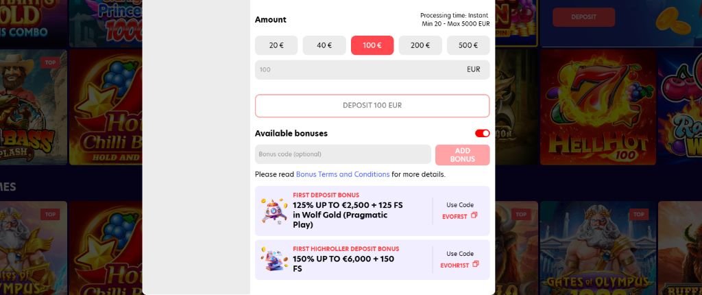 Maak je eerste storting en vergeet niet de juiste evospin bonus code in te voeren om je welkomstbonus te claimen.