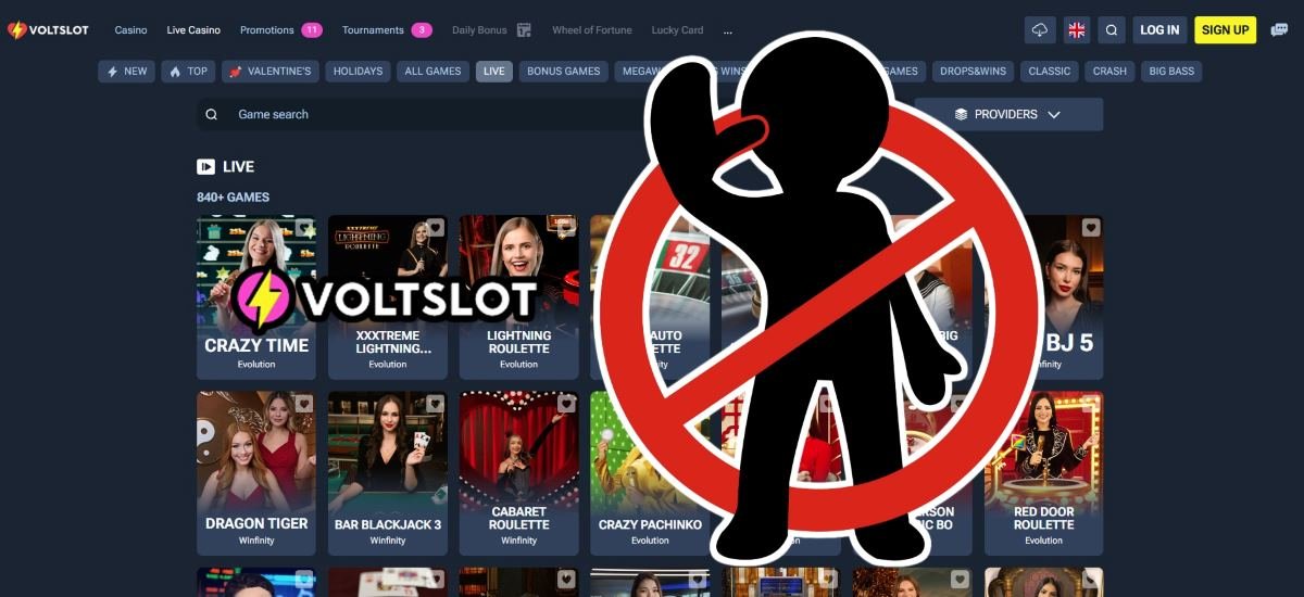 Voltslot live casino lobby met wagering waarschuwing