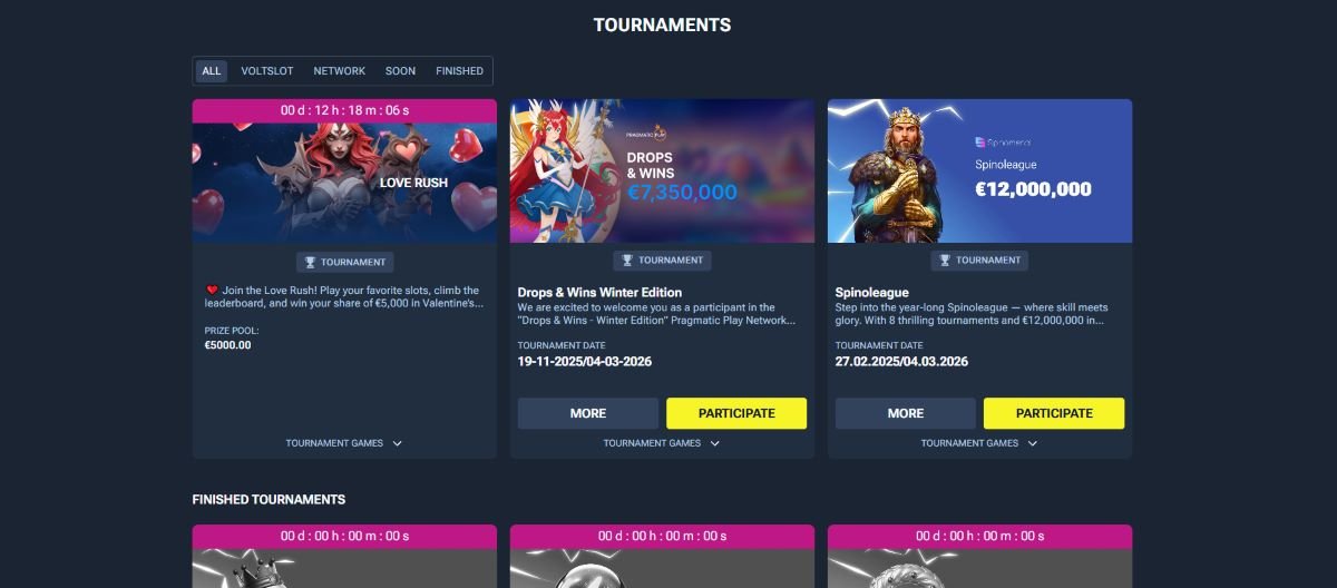 Voltslot VIP toernooien en wekelijkse cashback